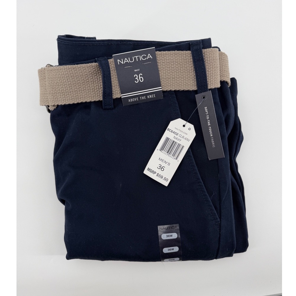 Nautica Mens Navy Blue Chino Shorts with Belt Size 36 Above The Knee NEW